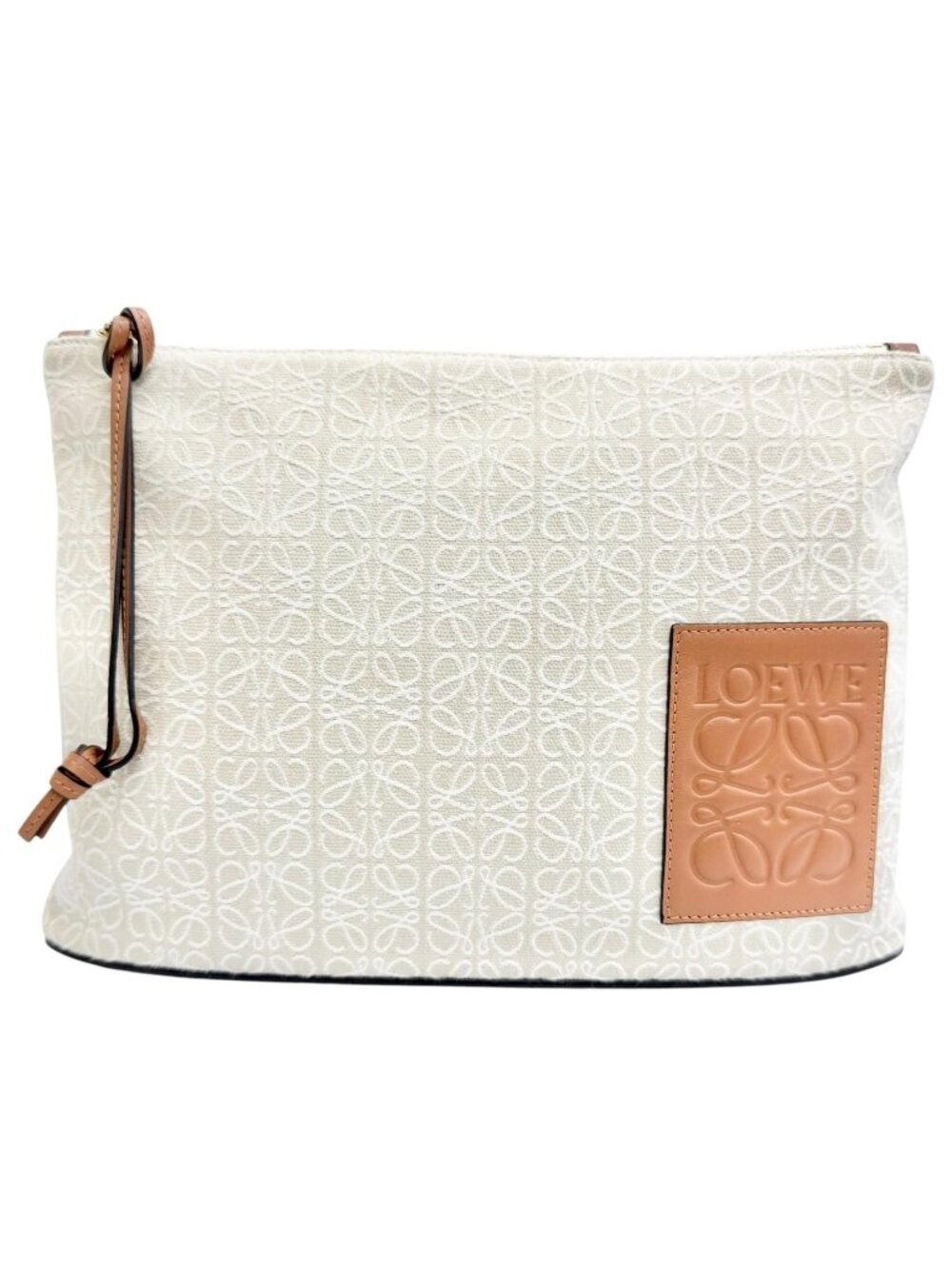 Loewe Oblong Pouch Anagram Leather Patch Jacquard Clutch Beige Brown